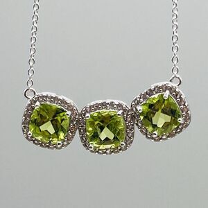 JTV Elegant 3-Stone Cushion Cut Peridot White Zircon Halo 18” 925 SS Necklace